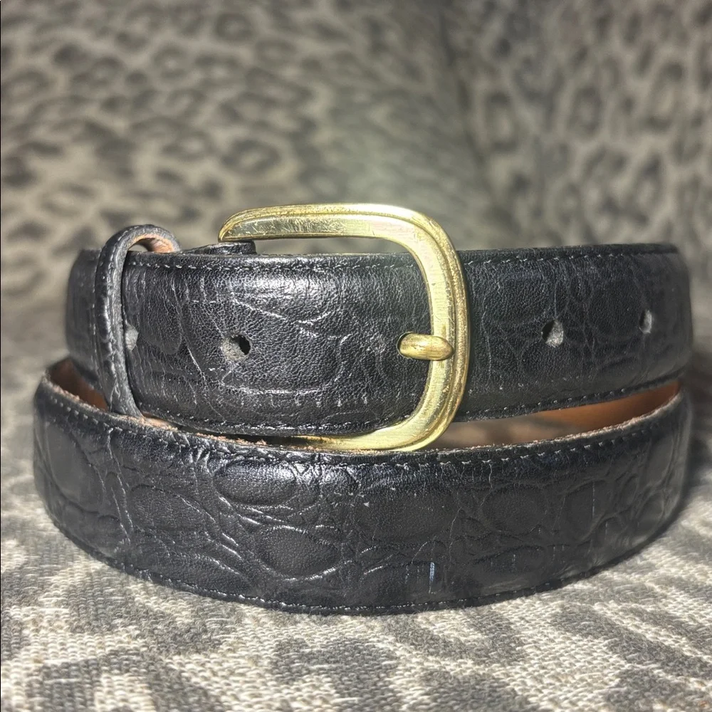 Vintage peterborough Row Black Leather Belt Gold Buckle alligator embossed 36